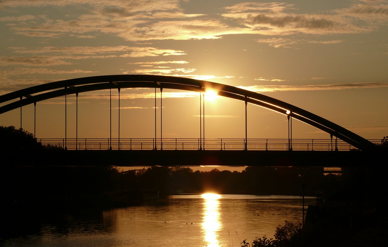 Image - bridge sky sunset waters river