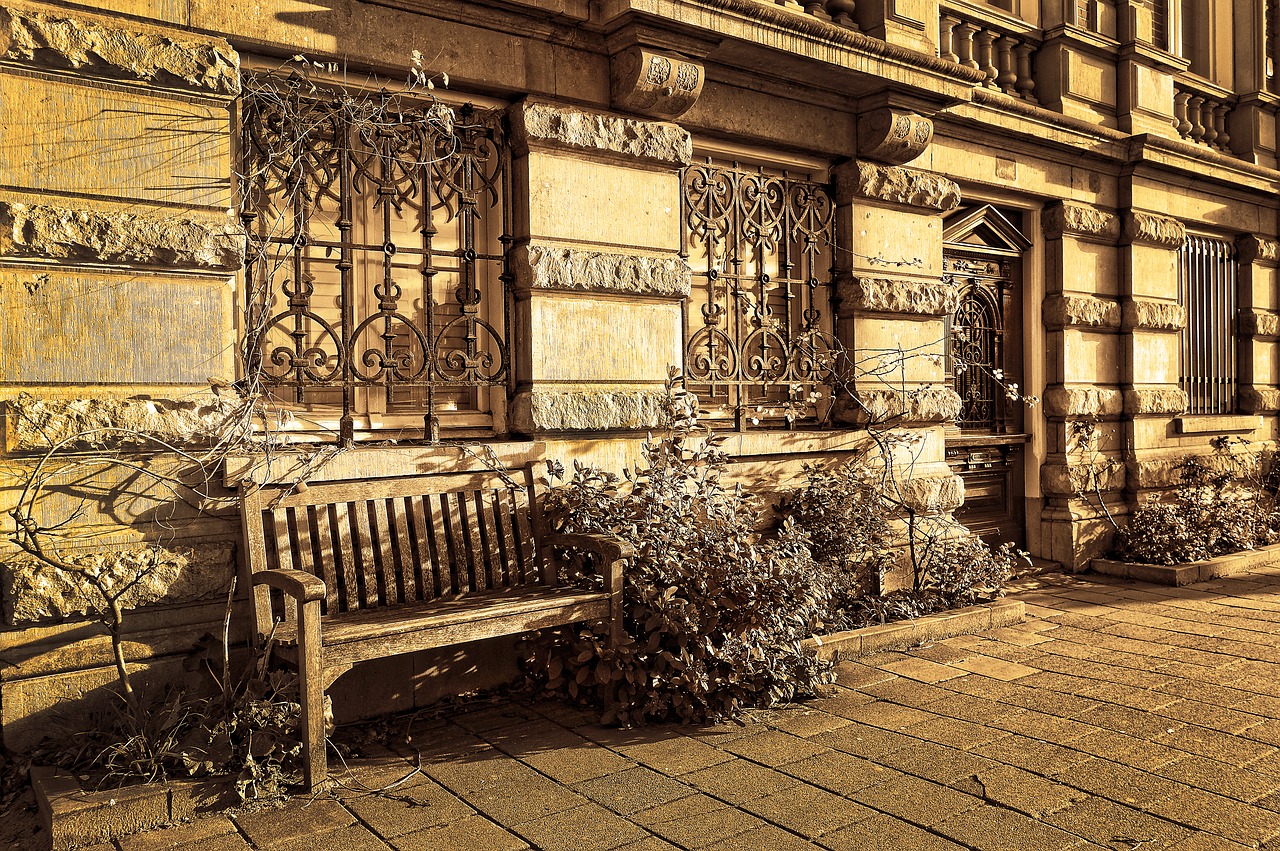 Image - bench facade window grille street