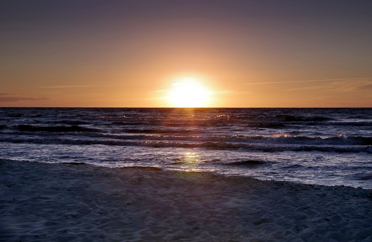 Image - sunset beach water the waves sand