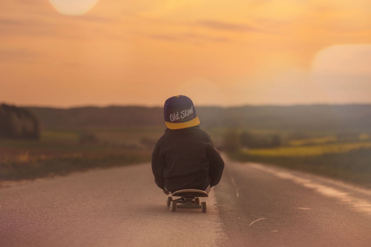 Image - skateboard child boy sunset