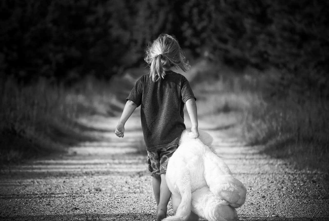 Image - boy walking teddy bear road nature