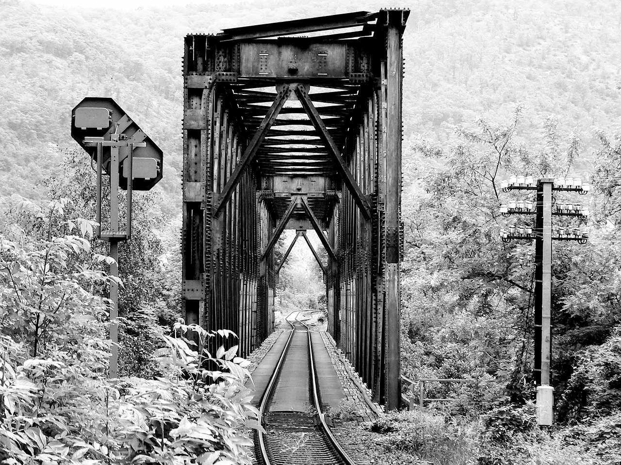 Image - black and white railway bridge