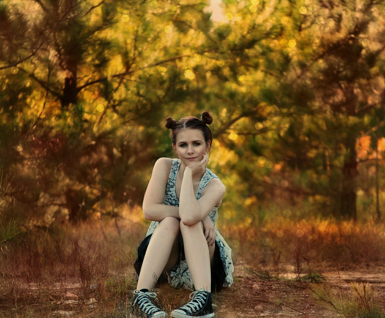 Image - girl sitting posing trees woods