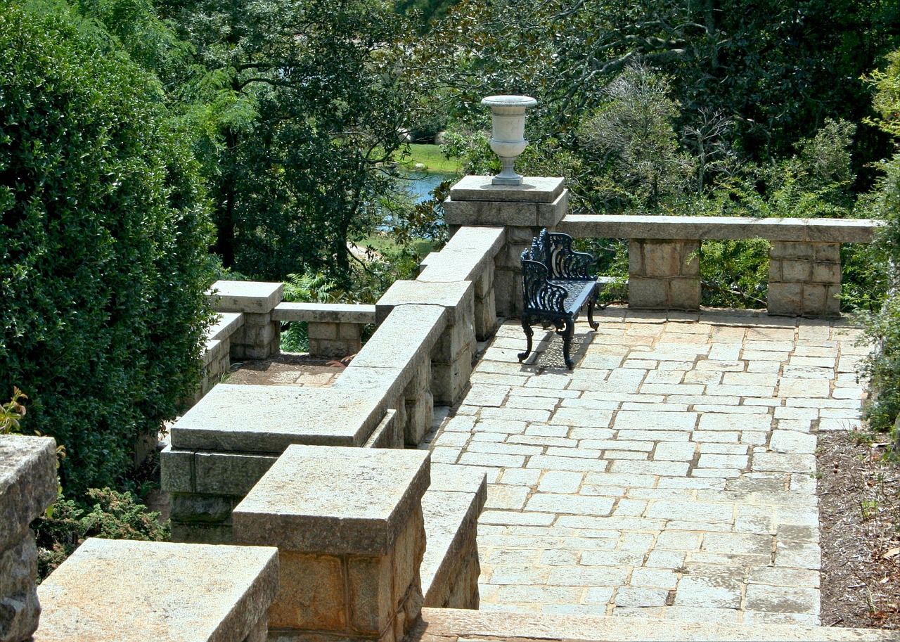 Image - garden terrace stone balcony bench