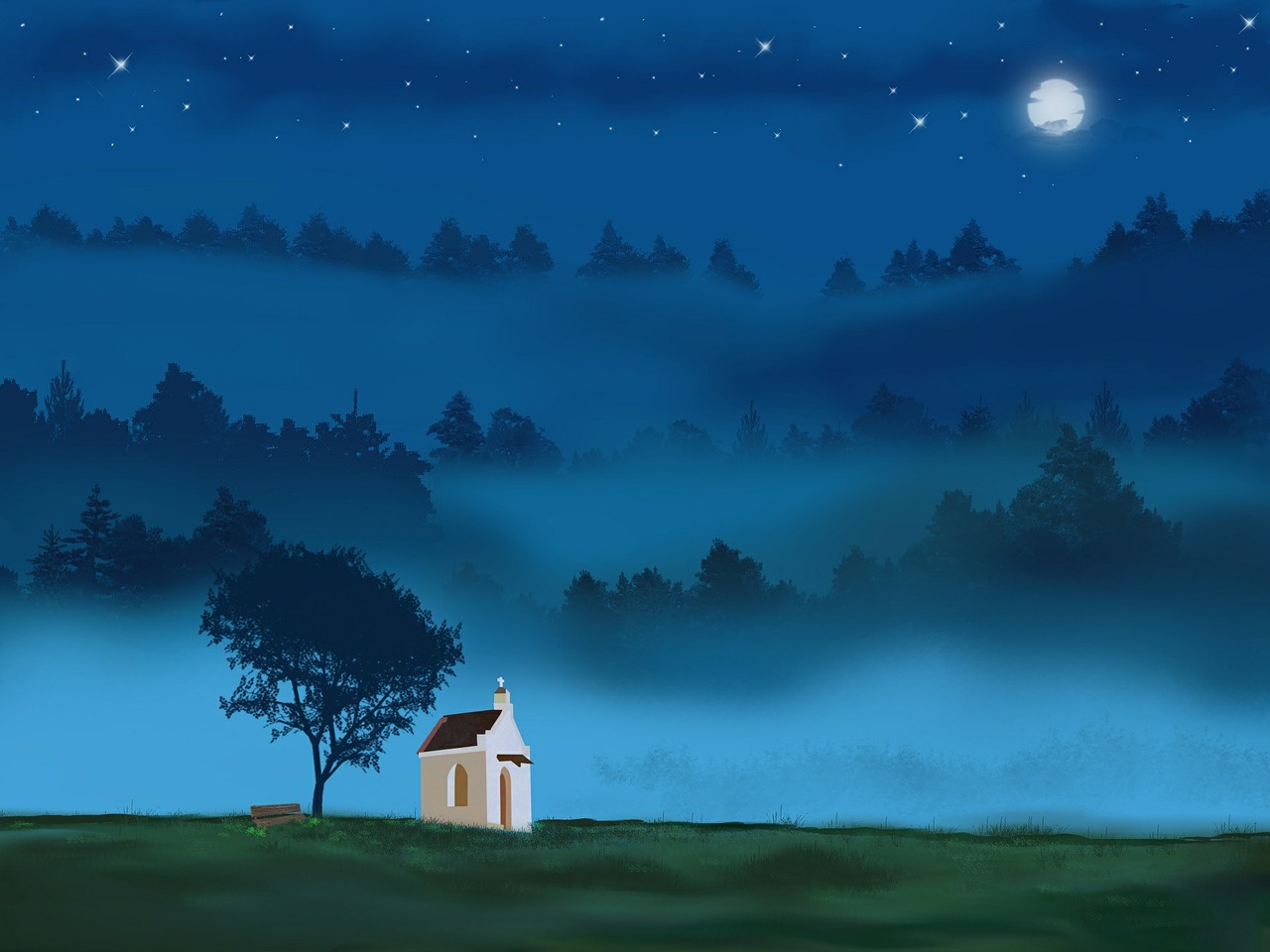 Image - landscape moon blue light night