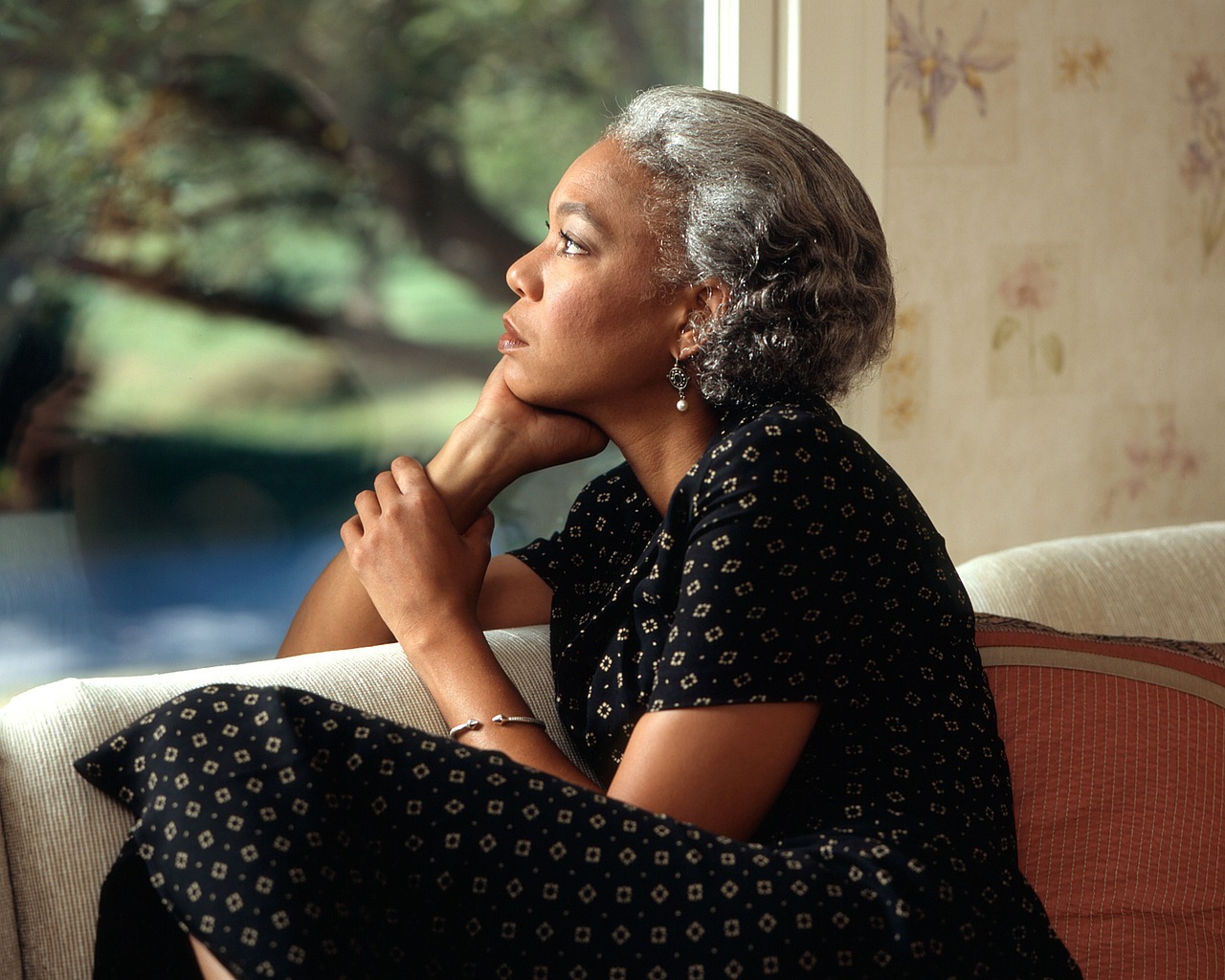 Image - pensive female woman window staring