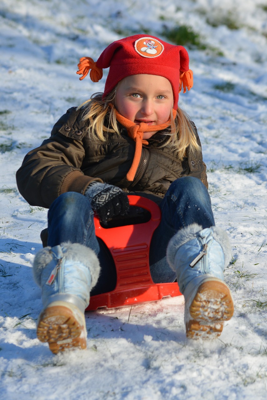 Image - sled child snow people girl hat