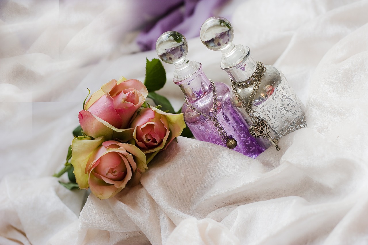 Image - roses bottles purple pink white