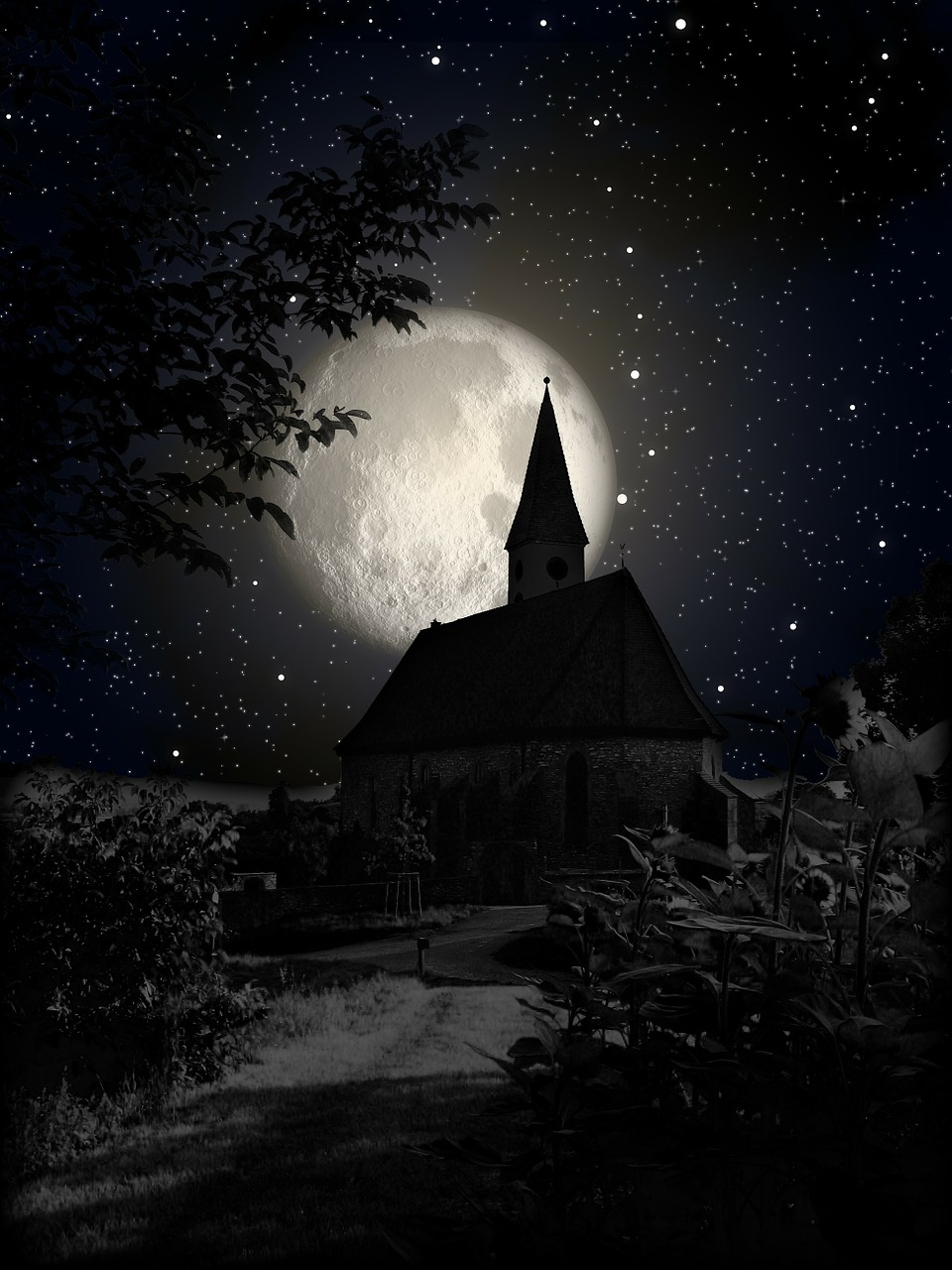 Image - church moon night shadow star sky