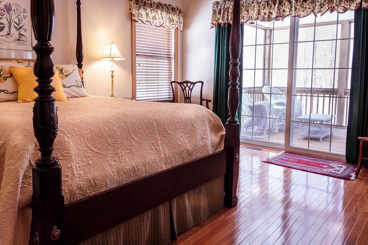 Image - bedroom bed hardwood floor curtains