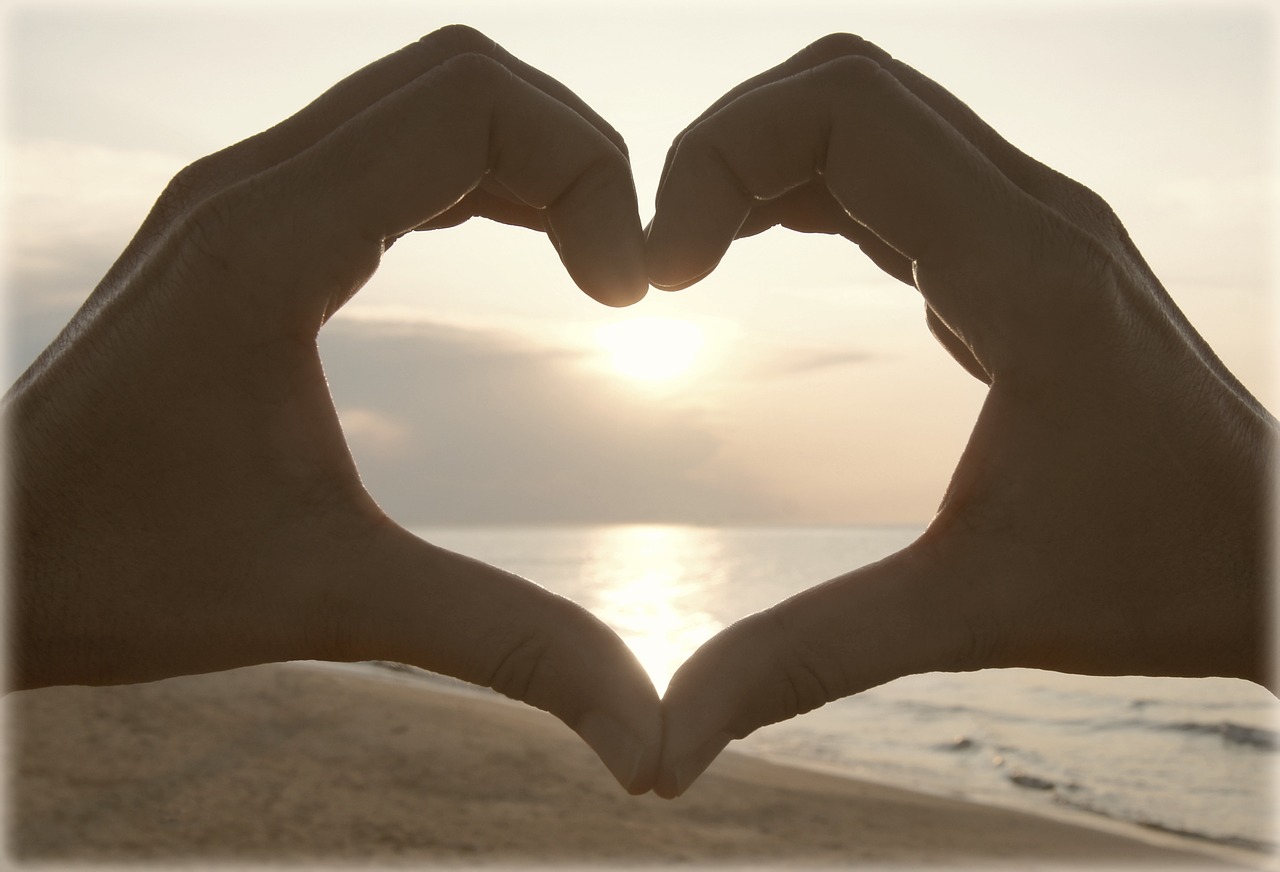 Image - heart hands sunset beach ocean