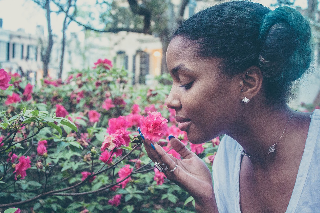 Image - flower woman smelling female young