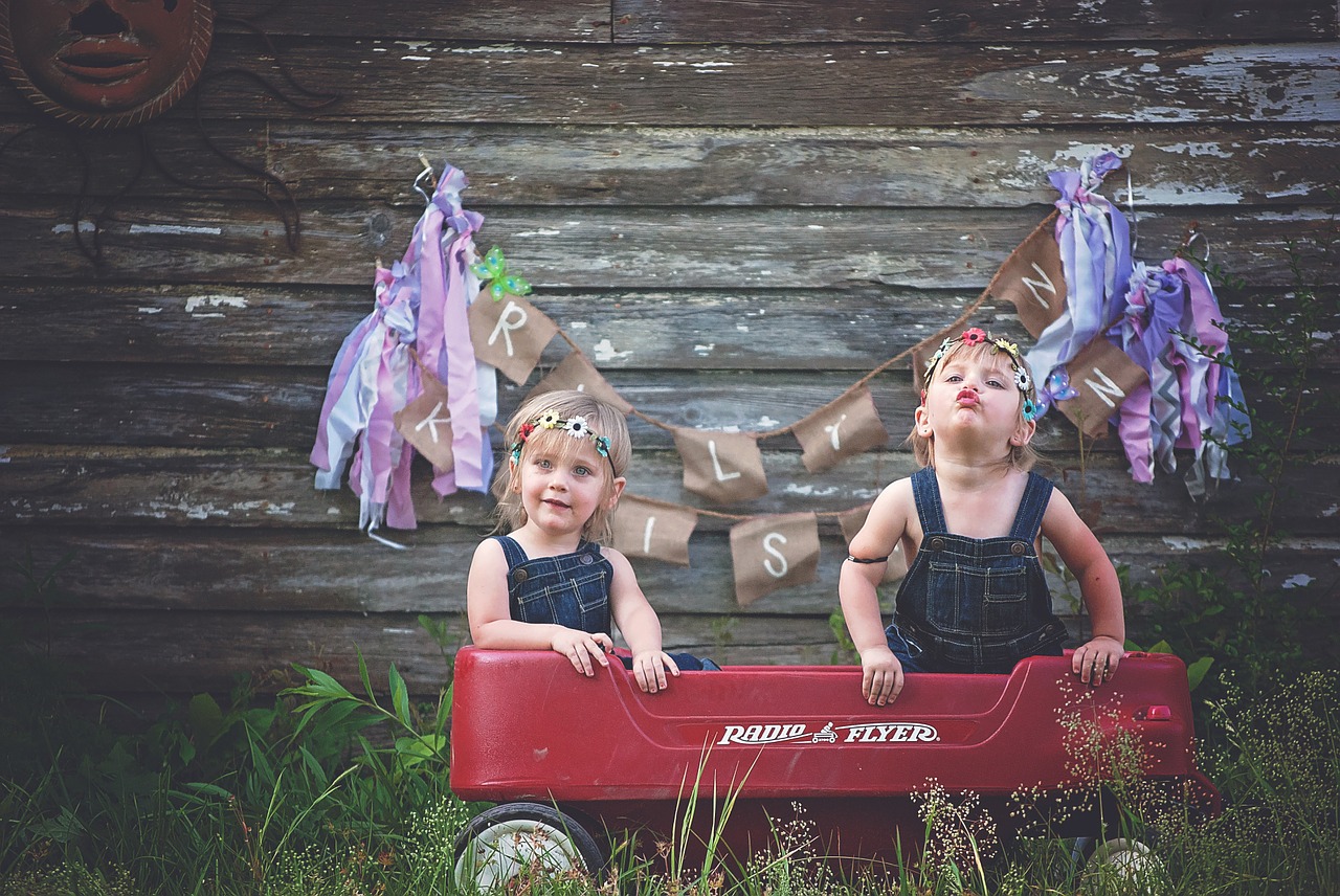 Image - twins girls wagon family two cute