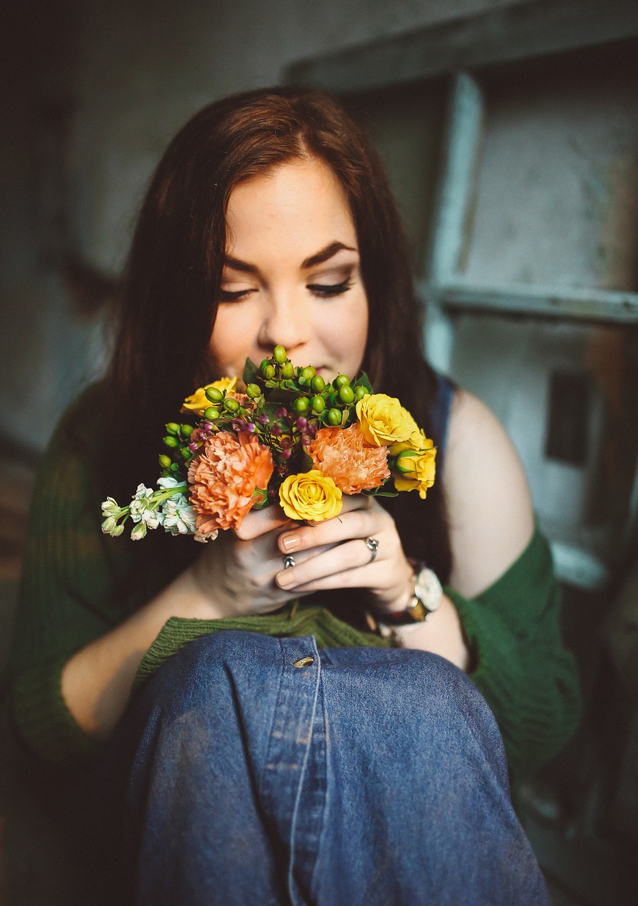 Image - woman flowers female sitting