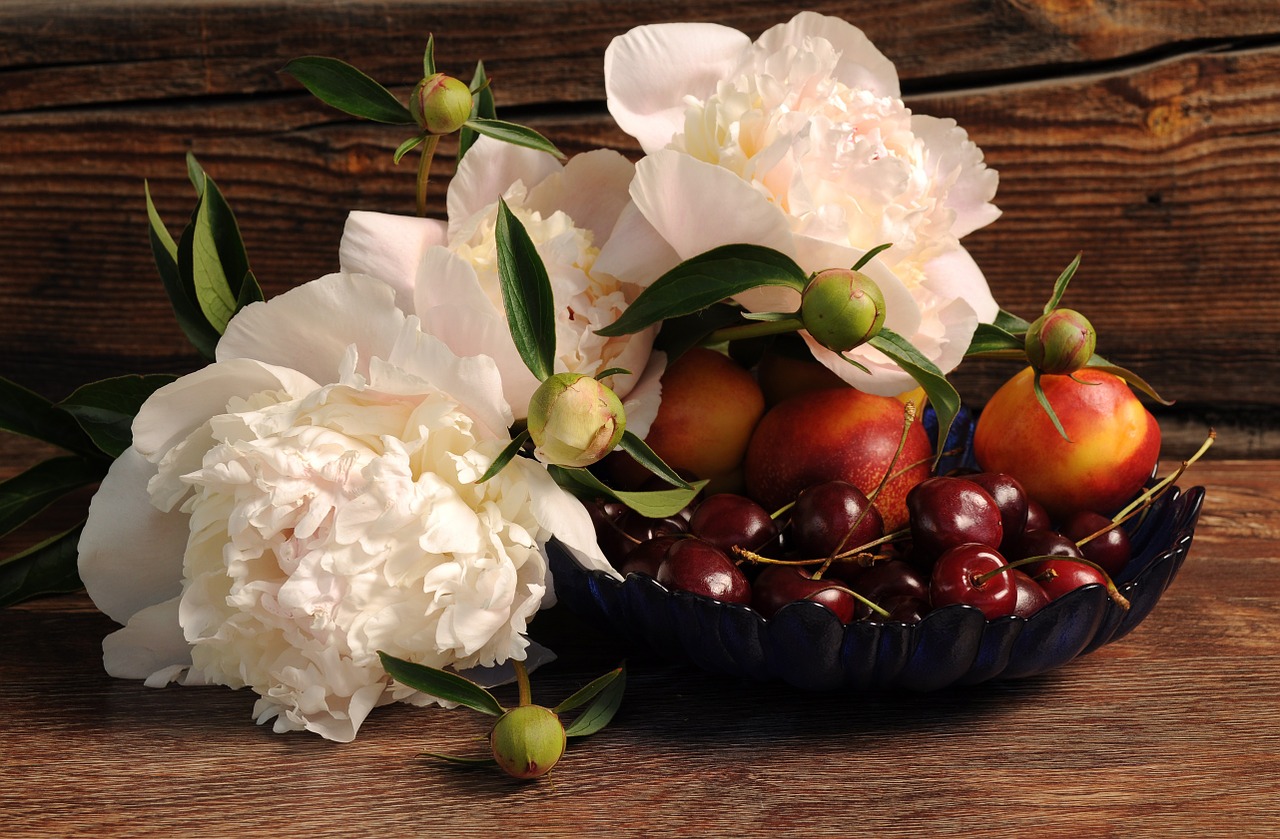 Image - peonies flowers berries cherry