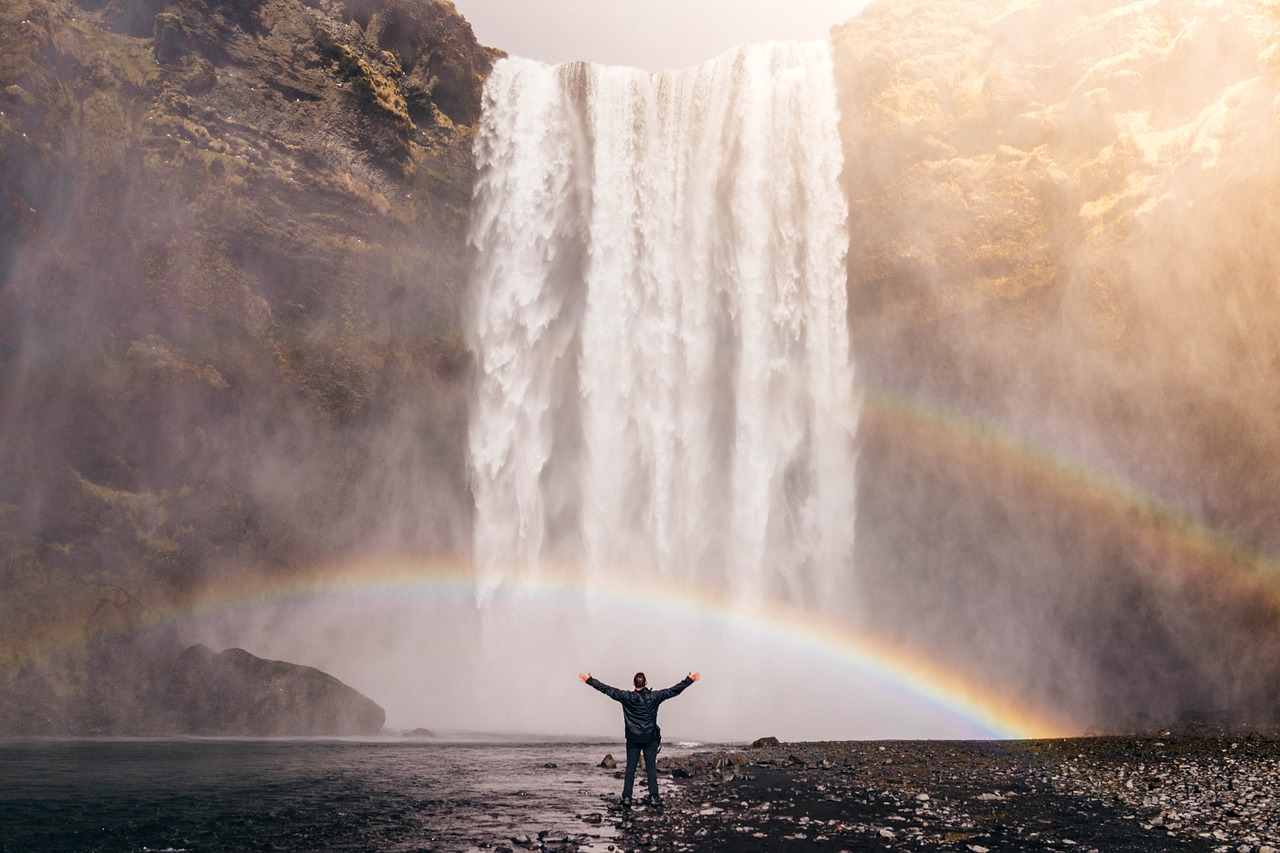 Image - waterfall rainbow spray water flow