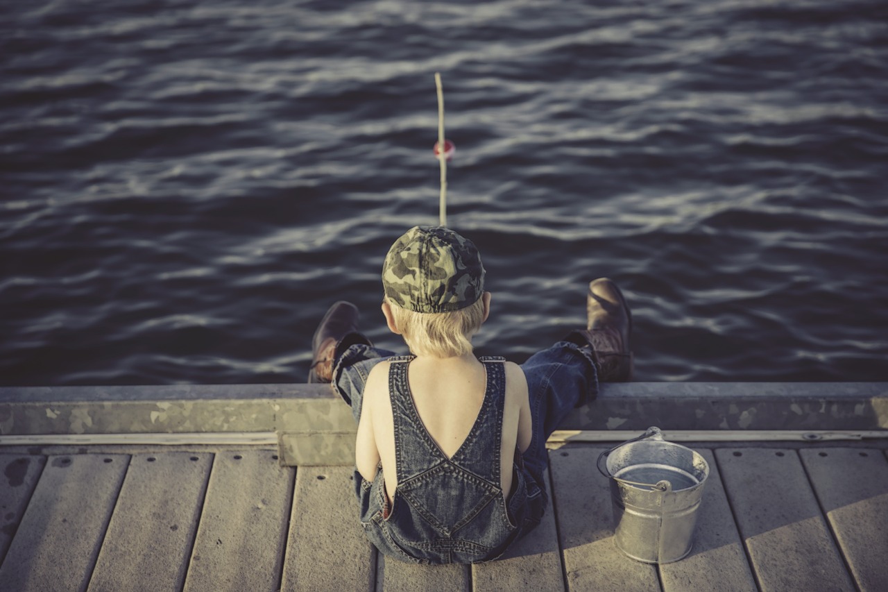 Image - boy fishing water summer overalls