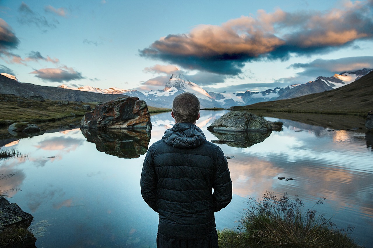 Image - mountain lake person looking view