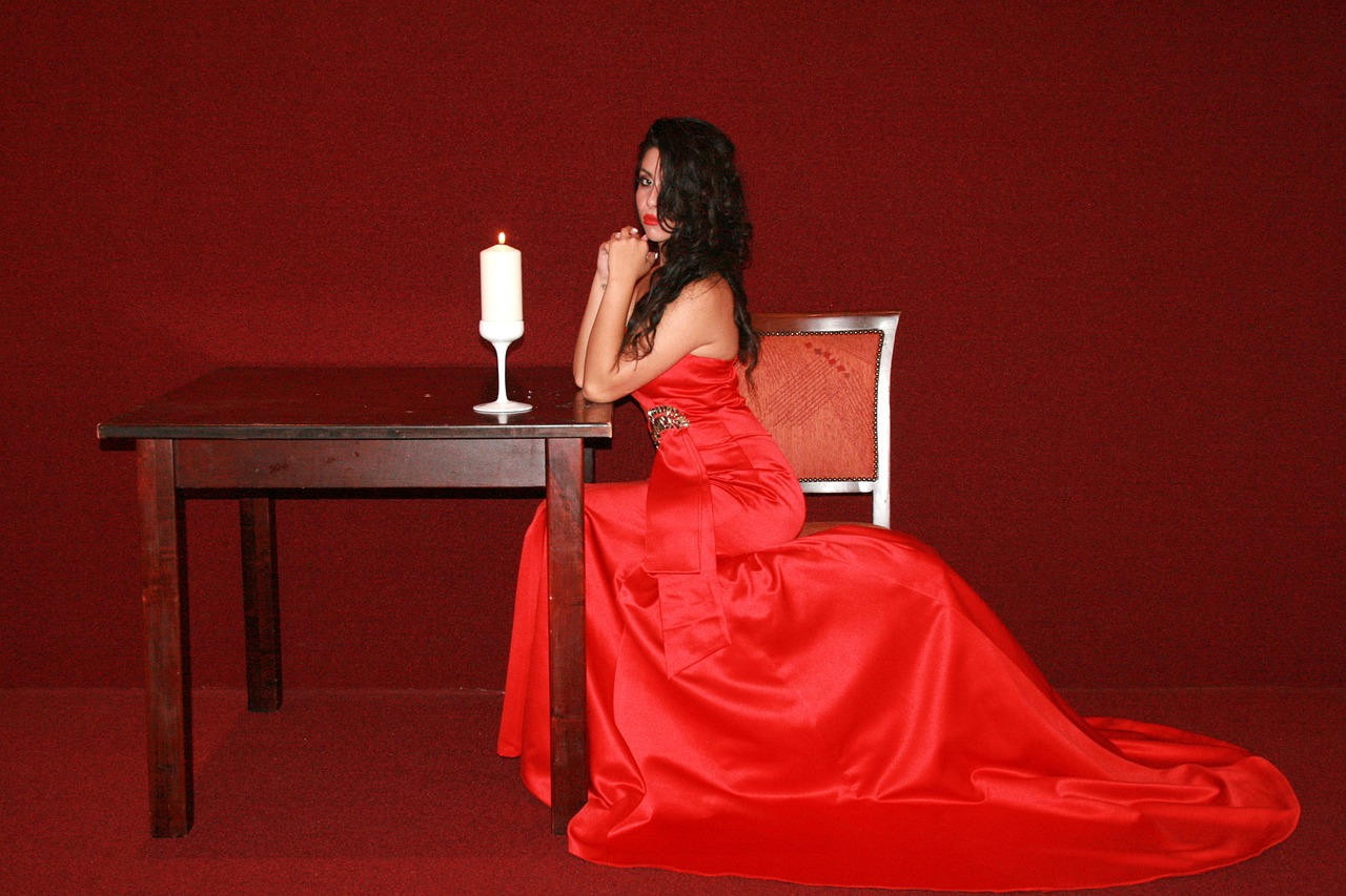 Image - girl dress red lady in red table