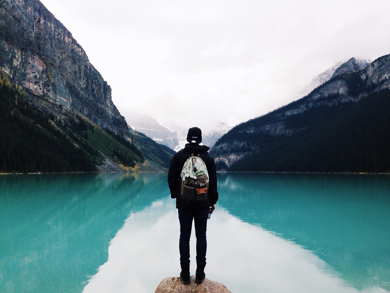 Image - person mountain lake reflection