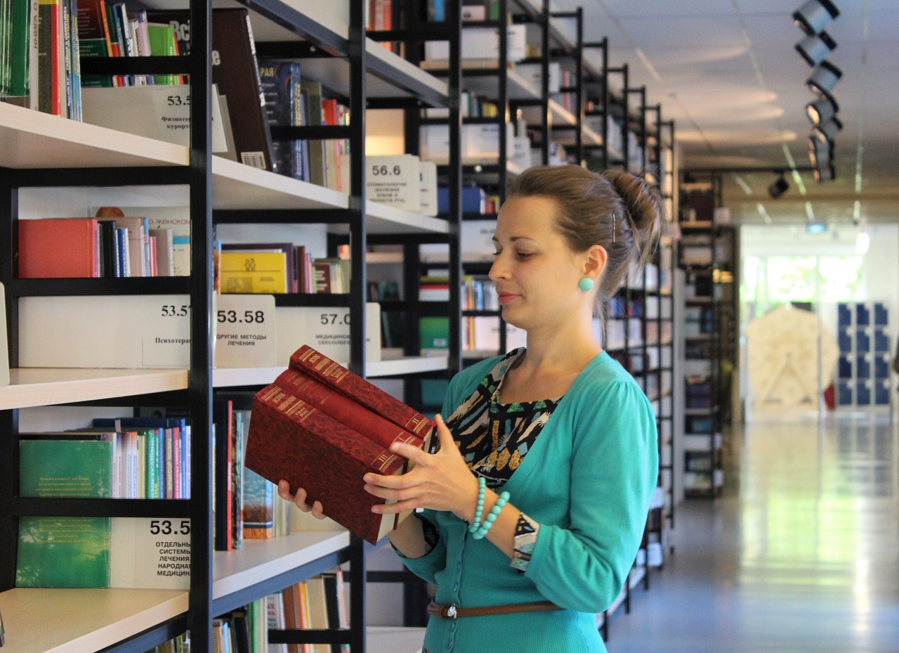 Image - girl books shelves library reading